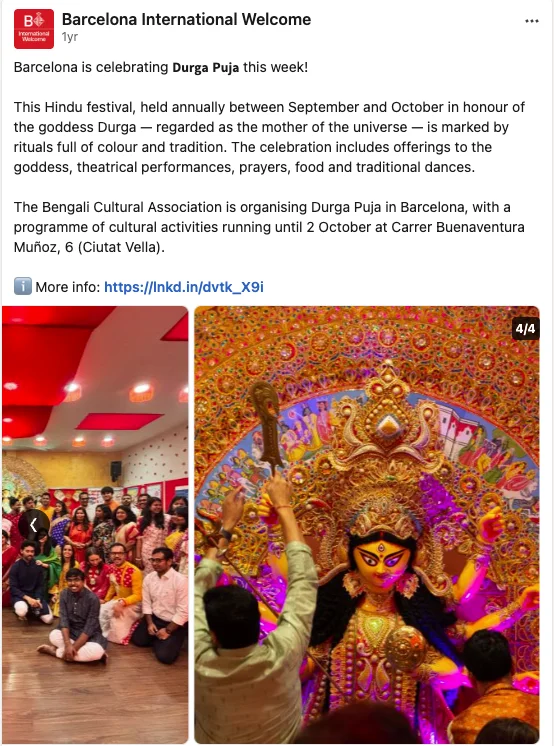 Barcelona International Welcome LinkedIn post mentioning the Bengali Cultural Association's Durga Puja in Barcelona, 2025