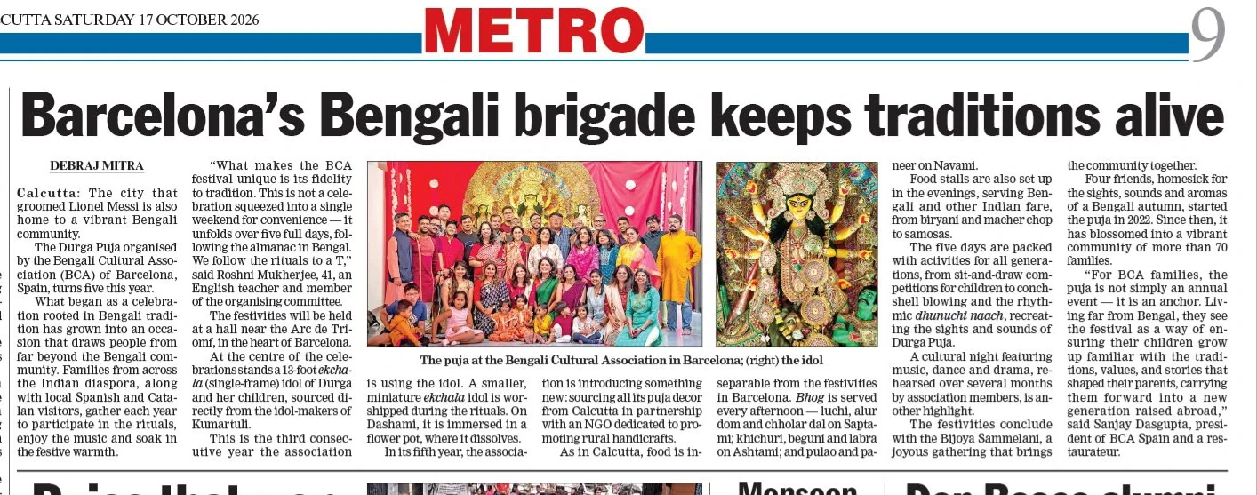 Times of India (Calcutta) article “Barcelona’s Bengali brigade keeps traditions alive” on BCA Barcelona Durga Puja, 17 October 2026